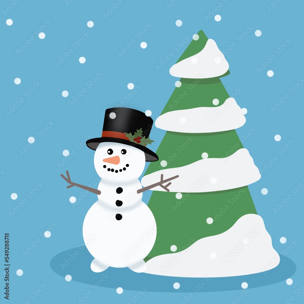 A snowman in a top hat stands near the Christmas tree. The tree is a little snowy. Snowflakes are flying. On the snowman's top hat are leaves and holly berries. Winter picture on a blue background.