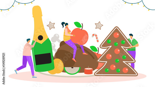 Happy holiday, vector illustration. Christmas celebration for cartoon people ...