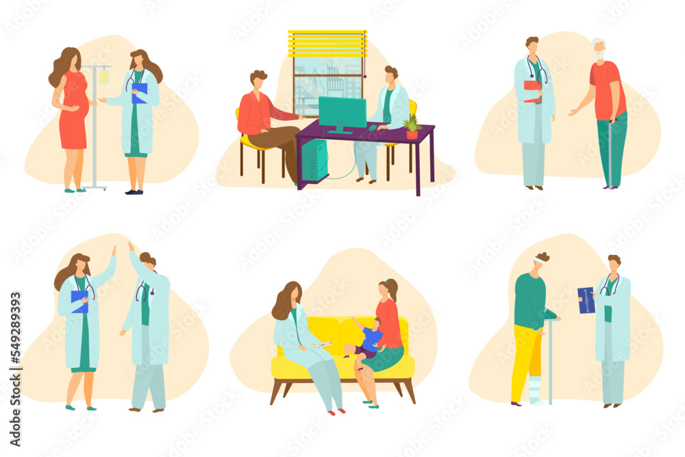 Fototapeta premium Medicine set, doctor talk with cartoon patient in clinic, vector illustration. Professional health care isolated on white collection. Man woman people