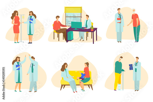 Medicine set  doctor talk with cartoon patient in clinic  vector illustration. Professional health care isolated on white collection. Man woman people