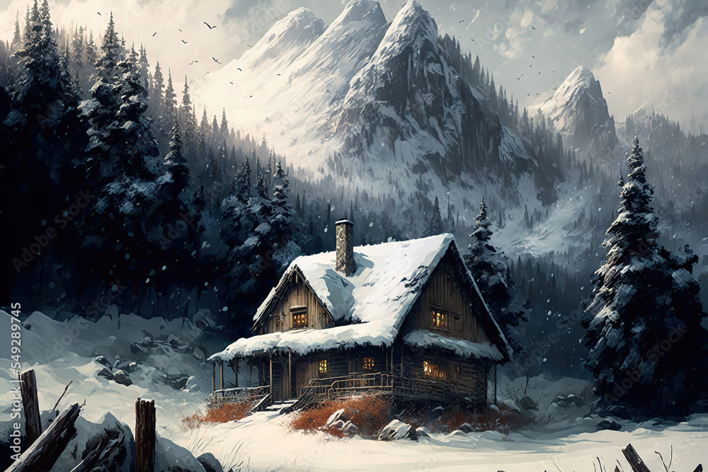 Amazing winter landscape, hut in the mountains, art illustration