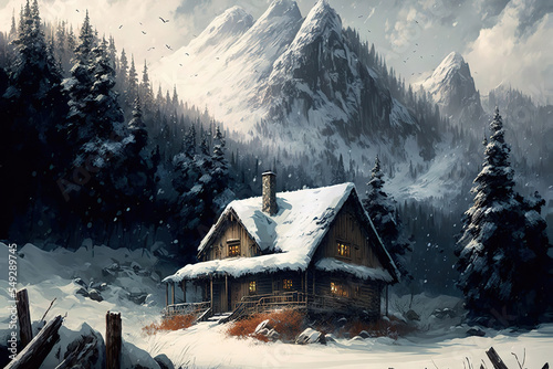 Obraz na plátně Amazing winter landscape, hut in the mountains, art illustration