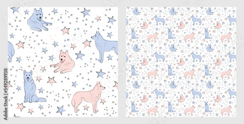 Pattern design with funny Husky dogs doodles, sketch style, seamless pattern.  textile, wrapping paper, blue background graphic design. Wallpaper for Babies and kids. Blue and Pink linen style.