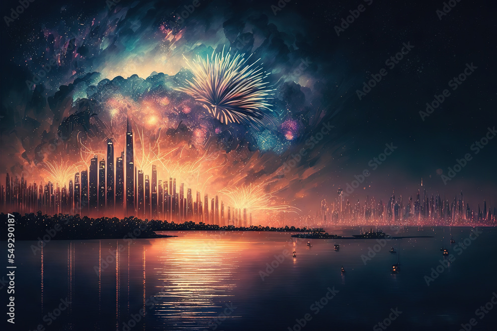 Fireworks Over Dubai at Night, AI Generated Illustration