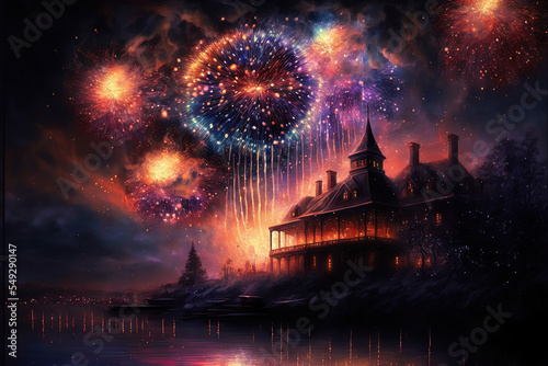 Fireworks Over Building at Night, AI Generated Illustration