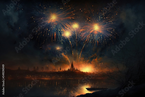 Fireworks Over City at Night, AI Generated Illustration