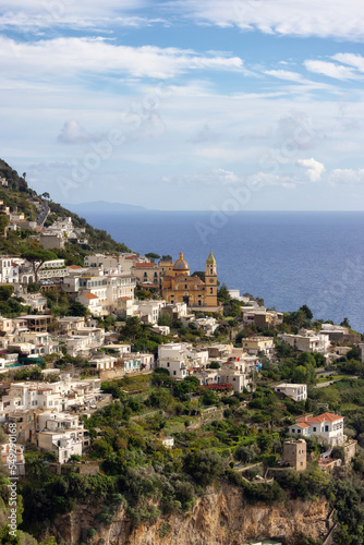 Fototapeta Naklejka Na Ścianę i Meble -  Touristic Town, Vettica Maggiore, on Rocky Cliffs and Mountain Landscape by the Tyrrhenian Sea. Amalfi Coast, Italy.