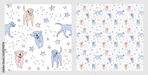 Pattern design with funny Labrador dogs doodles, sketch style, seamless pattern.  textile, wrapping paper, blue background graphic design. Wallpaper for Babies and kids. Blue and Pink linen style.