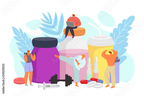 Sport nutrition with medicine, diet lifestyle concept, vector illustration. F...