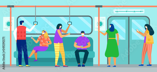 Fototapeta Naklejka Na Ścianę i Meble -  Subway train with man woman character while coronavirus, virus, vector illustration. People passenger in face mask transportation.