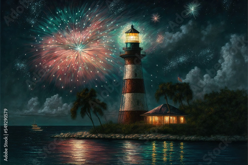 Fireworks Over Lighthouse at Night, AI Generated Illustration