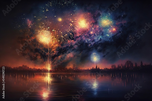 Fireworks Over City at Night, AI Generated Illustration 