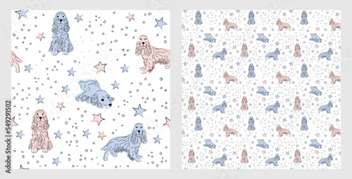 Pattern design with funny cocker Spaniel dogs doodles, sketch style, seamless pattern.  textile, wrapping paper, blue background graphic design. Wallpaper for Babies and kids.Blue and Pink linen style