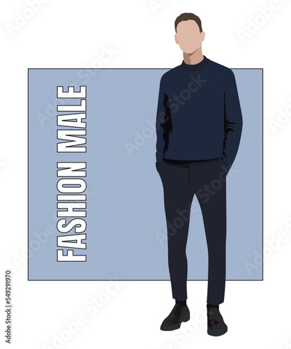Stylish man in flat style vector illustration. A guy in fashionable clothes on an interesting background with the inscription fashionable man.