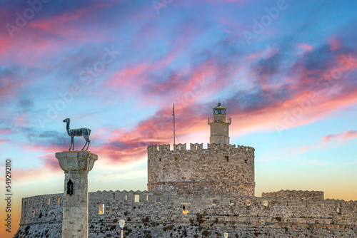Saint Nicolas Fortress Tower and symbolic deer statue, Rhodes, Greece