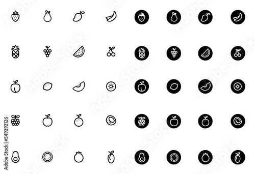 Set of fruit Icons. Isolated signs on white background and over circle. Pack Vector pictogram set. UX infographics, web, apps or business presentation. Sign and symbol collection.