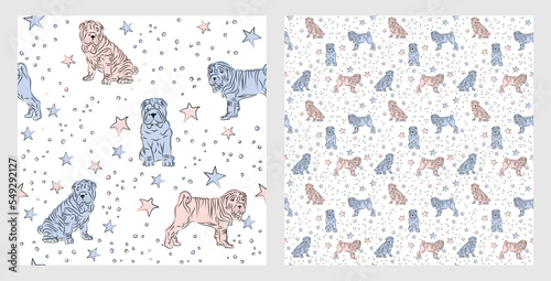 Pattern design with funny Shar Pei dogs doodles, sketch style, seamless pattern. Textile, wrapping paper, blue background graphic design. Wallpaper for Babies and kids. Blue and Pink linen style. 