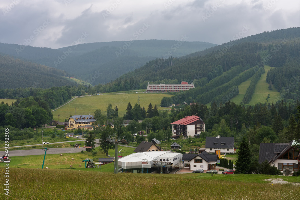 Mountain village  in  Jesenik mountains. Lower station of chairlift. Ski nad tourist centre in the Czech Republic.