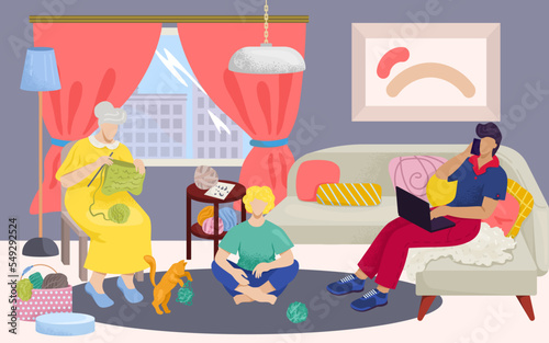 Family eat meal at home, vector illustration. Happy dinner with people, mothe...