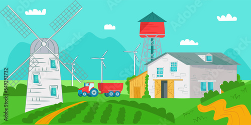 Building at rural nature, countryside farm landscape vector illustration. Cartoon village with green summer field land, agriculture meadow.