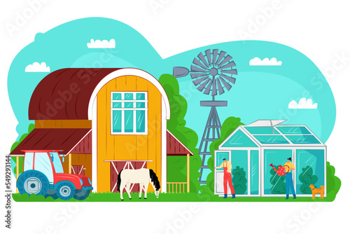 Agriculture nature at farm, greenhouse vector illustration. Farmer man character work with green plant, flat harvest design. Cartoon building