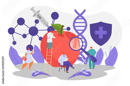 Gmo experiment, scientist test product with genetic modification, vector illustration. Science work for graphic people health design