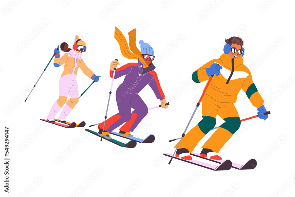 Obraz premium Man and Woman Character Skiing at Mountain Ski Resort in Winter Season Vector Illustration