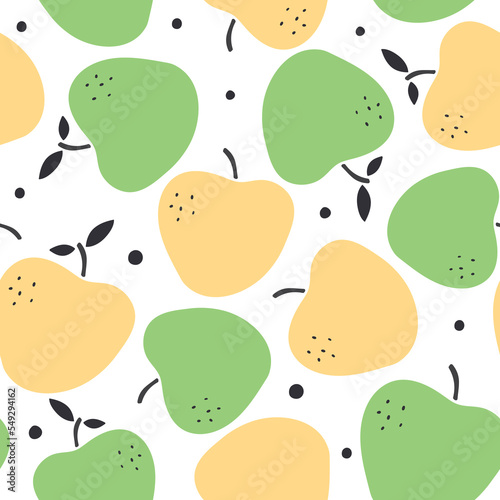 Seamless pattern with apples. Fruit pattern on white background. Vector illustration. It can be used for wallpapers, wrapping, cards, patterns for clothes and other.
