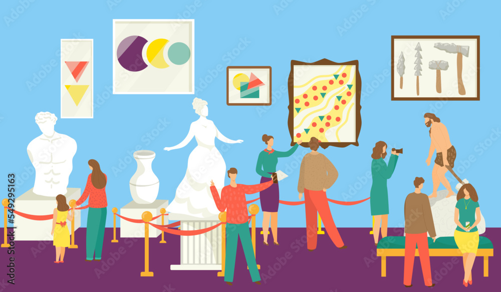 Museum exhibition, vector illustration. Man woman people character at art gallery look at culture artwork exposition. Cartoon visitor at excursion Museum exhibition, vector illustration. Man woman people character at art gallery look at culture artwork exposition. Cartoon visitor at excursion
