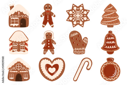Gingerbread cookies collection. Winter traditional decorated set of sweets in shape house and star, Christmas tree and bell, gingerbread man and woman, heart, ball and mitten.