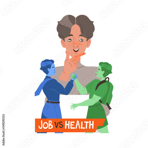 Man Character Choosing Between Health and Work Having Dilemma Comparing Vector Illustration