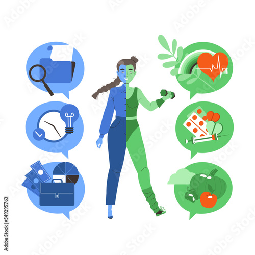Woman Character Choosing Between Health and Work Having Dilemma Comparing Vector Illustration