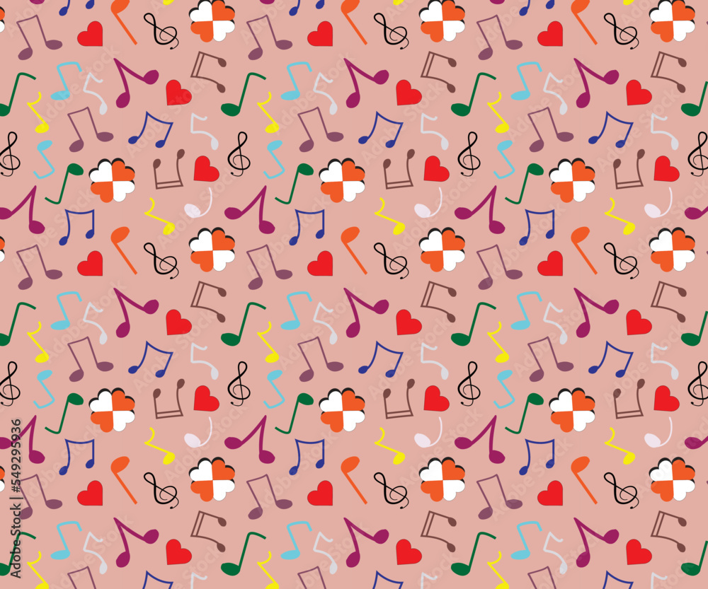 Heart and music symbols vector repeat pattern with salmon peach color background. Heart and music symbols vector repeat pattern with salmon peach color background.