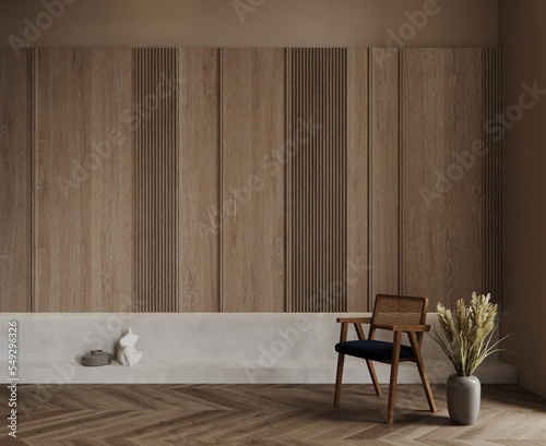 Fototapeta Naklejka Na Ścianę i Meble -  3d rendering of empty living room with wooden chair, vase on the floor with dried flowers. Decorative wall with embossed wood panels,  wooden parquet floor