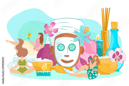 Spa care and beauty therapy, vector illustration. Woman female health treatme...