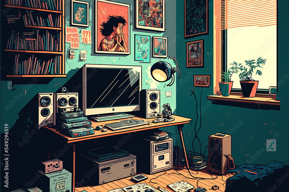Nostalgic interior of a retro 1990's messy teenager's room drawn in ...