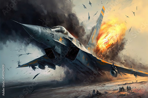 Leinwand Poster A digital concept illustration of a jet fighter plane crashing against the ground after being hit by a missile
