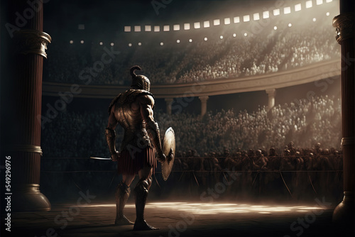 Leinwand Poster A cinematic concept art of a gladiator overlooking the amphitheater of ancient Rome