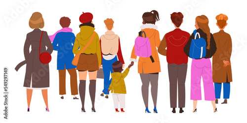 People Characters Standing in Row Back View Vector Illustration