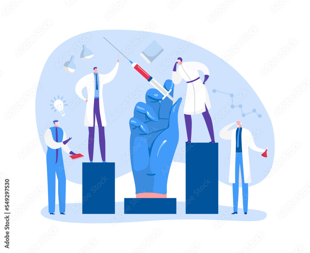 Medicine, science research about vaccine vector illustration. Man woman character work against virus at laboratory concept. Scientist develop vaccine Medicine, science research about vaccine vector illustration. Man woman character work against virus at laboratory concept. Scientist develop vaccine