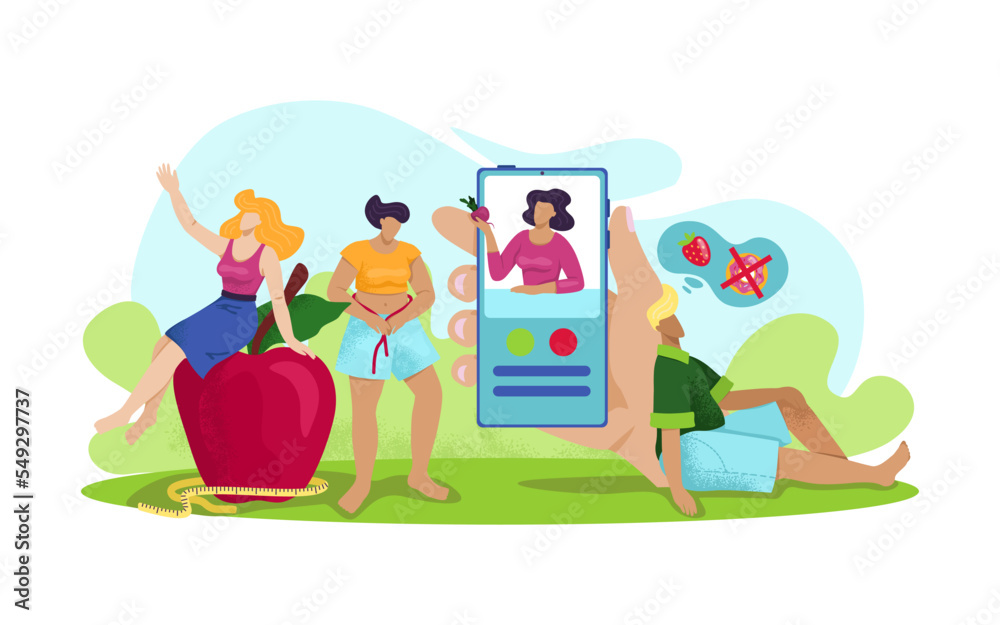Fototapeta premium Nutrition flat app for male female diet, vector illustration. Cartoon meal menu for weight loss, man woman character with organic product.