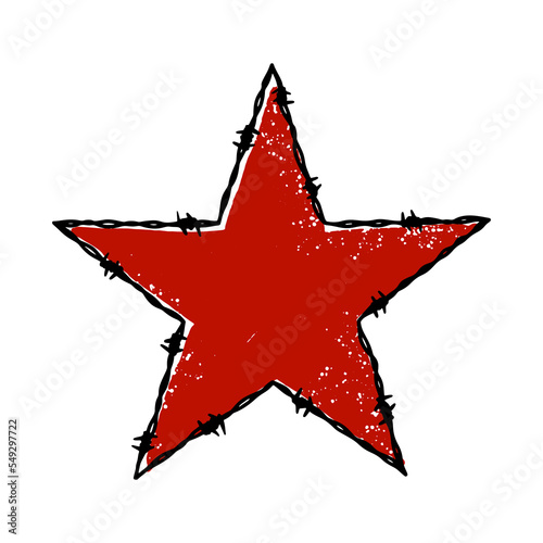 Barbwire five pointed red star shape. Hand drawn vector illustration in sketch style. Design element for military, security, prison, slavery, ussr concepts
