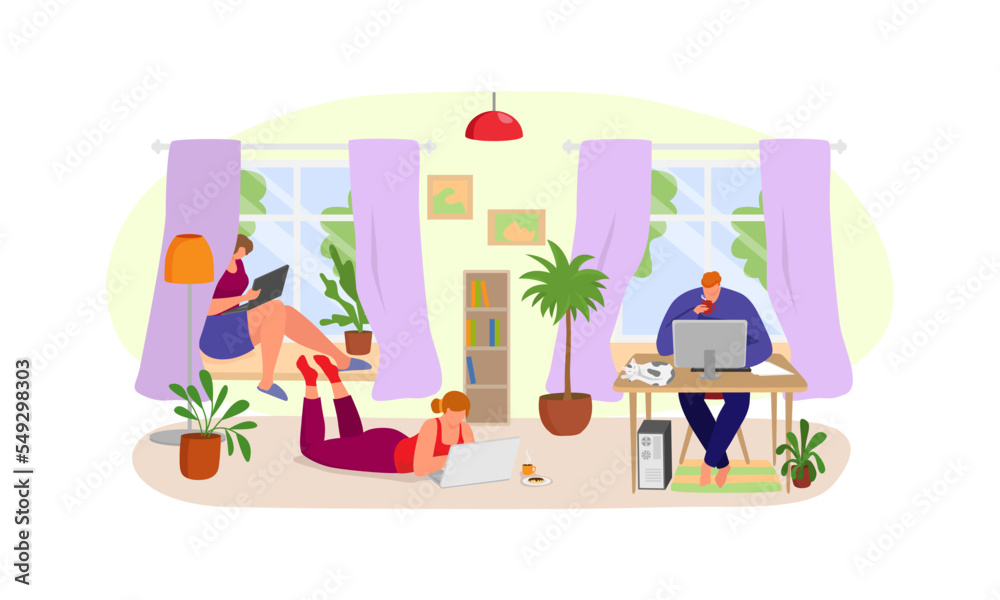 Business internet work at home, vector illustration. Man woman people character at freelance office house room, student get knowledge online
