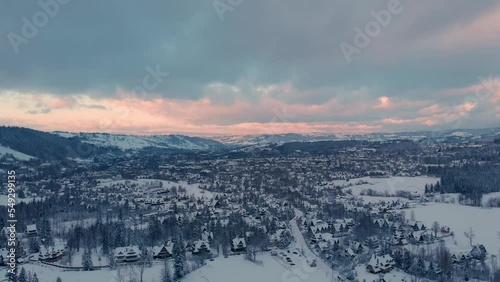 Aerial of snowy Zakopane in Poland photo