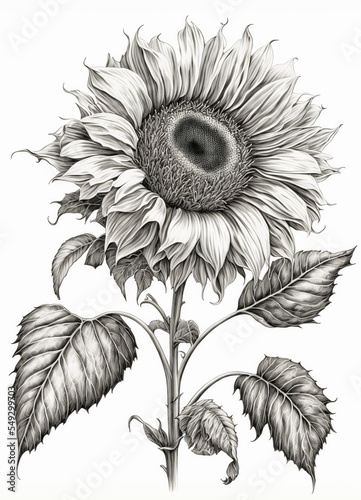 Wallpaper Mural A sunflower drawing with leaves on its stem and a large sunflower in the top center, a digital illustration Torontodigital.ca
