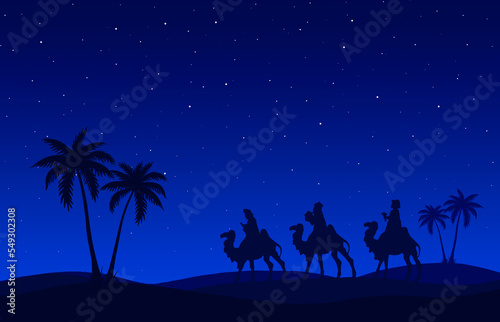 Christmas Nativity Scene. The journey of Three Wise Men in the desert. Greeting card banner background. 