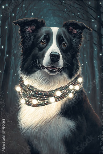 Tela Illustration of a Welsh border collie dog in a Nordic scarf, fantasy winter fore