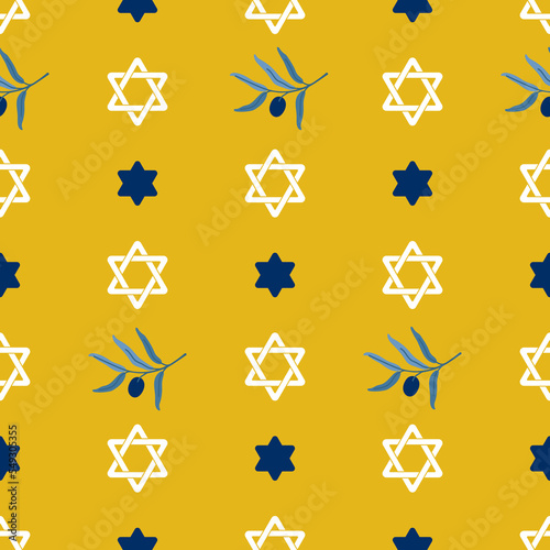 Hanukkah seamless pattern with David star and olive branch