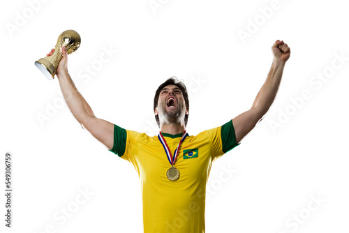 Brazilian soccer player, celebrating the championship with a trophy in his hand