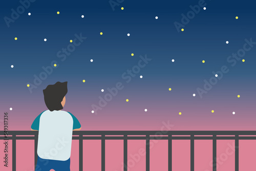 Vector background of lonely boy , man , male miss love couple boyfriend watch see night sky view star. Couple in love concept for miss alone feel , couple in love or valentine day online shopping.